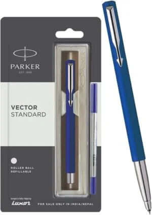 Parker Vector Standard Chrome Trim Roller Ball Pen| Blue Body Color| Ink Color : Blue | Ideal For Professional Use