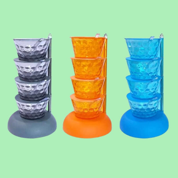 600ML Tower Pickle Stand 4 Layer Container Transparent with Lids Spoon 360 Degree Rotating Virgin Plastic Space Saving Kitchen Storage Mango Aachar Sauces Chutney Spices (03 Sets)