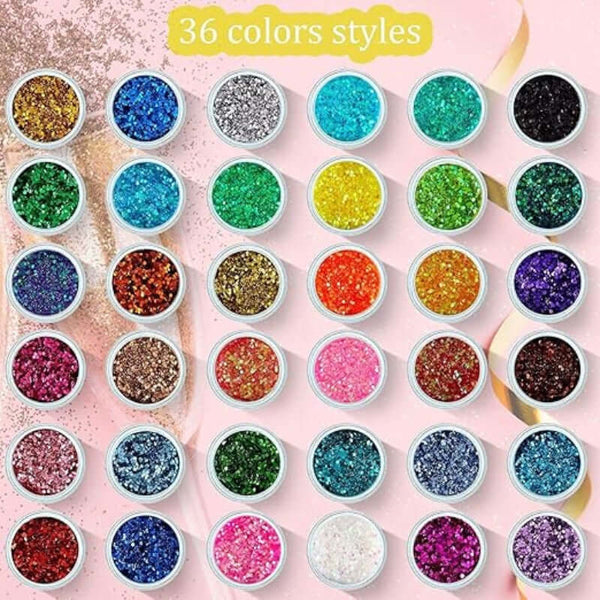 36 Boxes Chunky Glitter Sequins Cosmetic Laser Irides cent Festival Powder Sequins Craft Glitter Nail Decor for Face Eye Hair Nail Art Design, 36 Colors