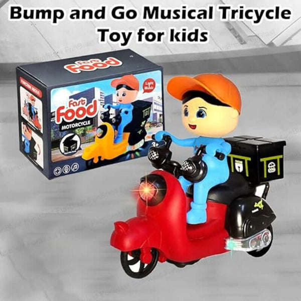 Bump and Go Tricycle Toys for Kids, Food Delivery Motor Cycle Toys for Kids, Toy Vehicles for Kids with Light and Sound for 3+ Year Old Kids (Multicoloured)