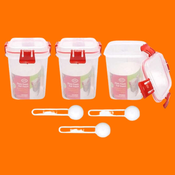 9 Pcs Set Unbreakable Jar Spoon Kitchen Plastic Container BPA-Free Stackable Air Tight Dabba Push Lock Space Saver Snacks Dal Atta Flour Cereals Pulses Spices 950ML Each (Red)