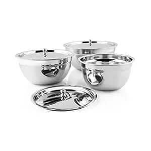 Stainless Steel Serving Bowl with Stainless Steel Lid, 3 Pieces, Silver (Tezon)