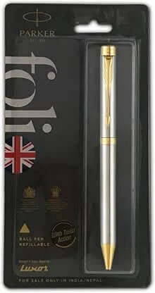 PARKER FOLIO STAINLESS STEEL GOLD TRIM ROLLER BALL PEN