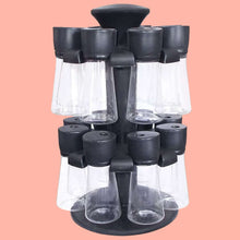 16 Pcs Upright Revolving Stand Jar Plastic Spice Rack Box Condiment Storage Multipurpose Use for Handy Kitchen Masala Seasonings Powders Dispense 100ML Each Bottle Set (Black)