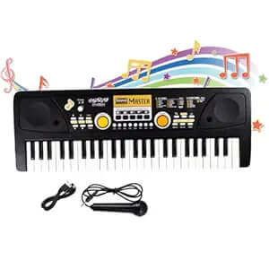 GY-530A1 Big Piano Keyboard with Microphone | 49 Keys, 8 Rhythms, 8 Tones, In-Built Demos & Song Record Feature | Black Color, Dual Power Supply Source: Micro USB Cable (Included)