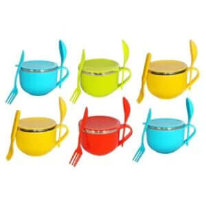 Pro Maggi Noodles Soup Bowl Spoon Folk Handle Plastic Inner Stainless Steel Insulated Food Grade Storage Container Freezer Dishwasher Safe 600ML Mug Return Gift (06 Pcs)