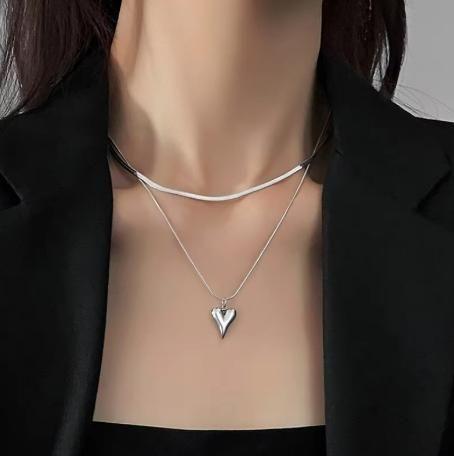 Double Layered Love Heart Pendant Necklace for Women Simple Neck Chain Jewelry -  Store_name 