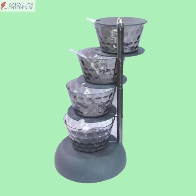 600ML Tower Pickle Stand 4 Layer Container Transparent with Lids Spoon 360 Degree Rotating Virgin Plastic Space Saving Kitchen Storage Mango Aachar Sauces Chutney Spices (03 Sets) -  Store_name 