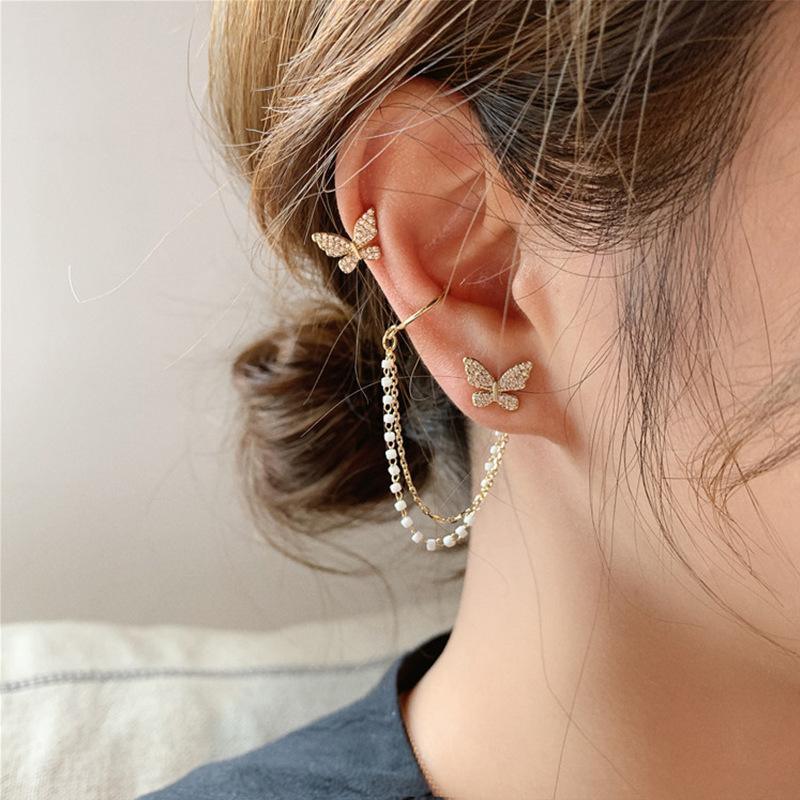 AVR JEWELS High sense of asymmetric butterfly pearl ear bone clip earrings all-in-one female super fairy tassel earrings -  Store_name 