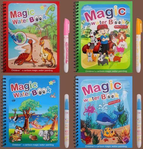 Reusable Magic Water Quick Dry Book Water Coloring Book Doodle with Magic Pen Painting Board for Children Education Drawing Pad (Multi Color, 4 Books) -  Store_name 