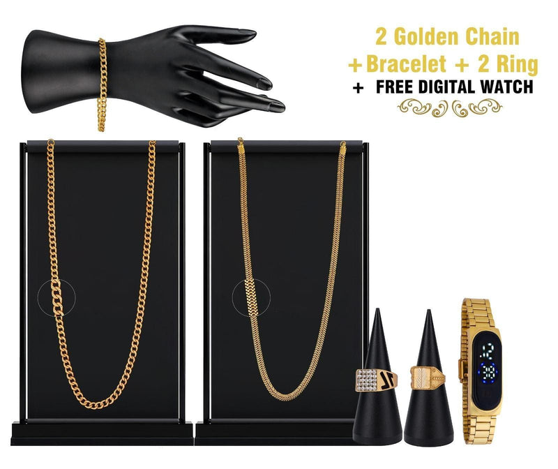 Combo of 2 Chain + 1 Bracelet + 2 Ring with 1 Free Digital Watch -  Store_name 