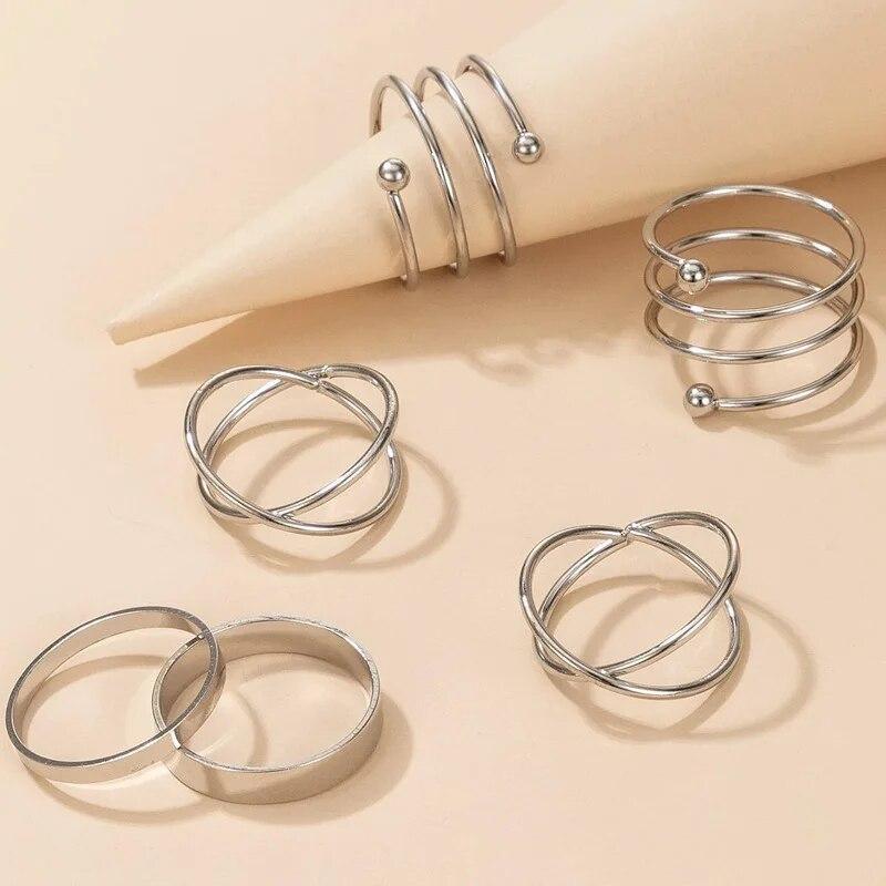 Silver Color Round Hollow Geometric Fashion Cross Twist Open Ring Set Joint (6Pcs) -  Store_name 