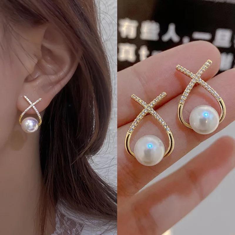 AVR JEWELS Korean Studded Cross Pearl Stud Earrings For Women And Girls 2 Pcs/Set -  Store_name 