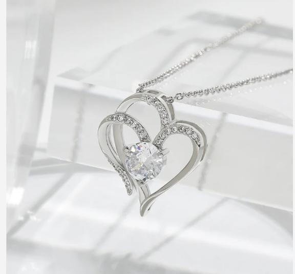 Double Heart Shape Necklace With Rhinestones -  Store_name 