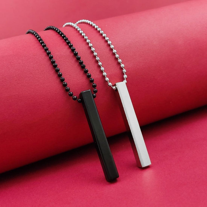 Stylish Silver- Black 3D Vertical Bar Cuboid Stick Locket Pendant Necklace Silver, Rhodium Alloy Locket Set -  Store_name 