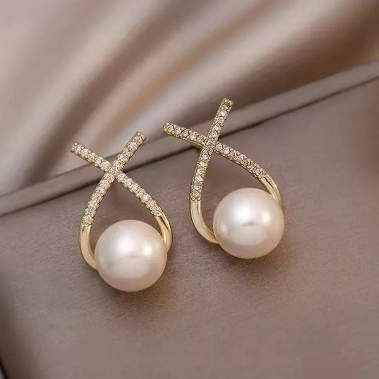 AVR JEWELS Korean Studded Cross Pearl Stud Earrings For Women And Girls 2 Pcs/Set -  Store_name 