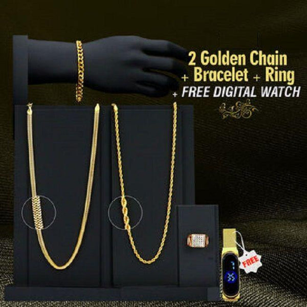 Golden Chain With Golden Bracelet And Diamond Ring + Free Digital Watch Combo -  Store_name 