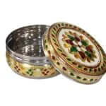 Handicraft Stainless Steel 350ML Dabba Container Meenakari Rajwadi Decorative Oxidized Metal Cover for Serving Dryfruit Chocolate Mukwas Festival Marriage Baby Shower Return Gift