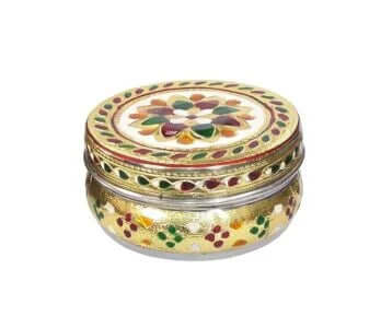 Handicraft Stainless Steel 350ML Dabba Container Meenakari Rajwadi Decorative Oxidized Metal Cover for Serving Dryfruit Chocolate Mukwas Festival Marriage Baby Shower Return Gift