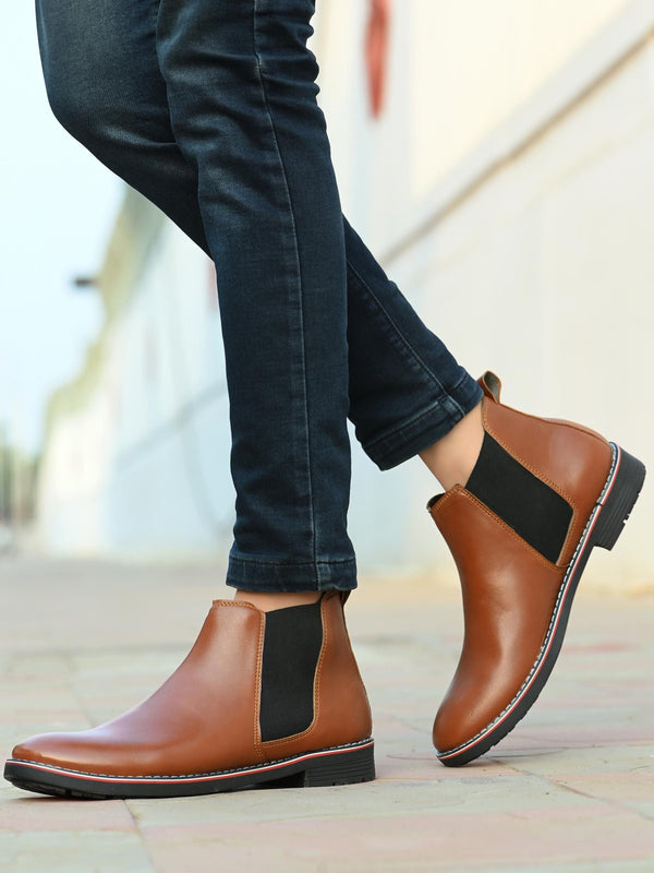 Men Textured Leather Mid-Top Chelsea Boots Tan -  Store_name 