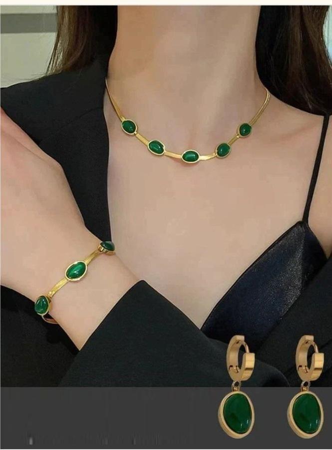 Oval Green Crystal Pendant Necklace Set With Bracelet -  Store_name 