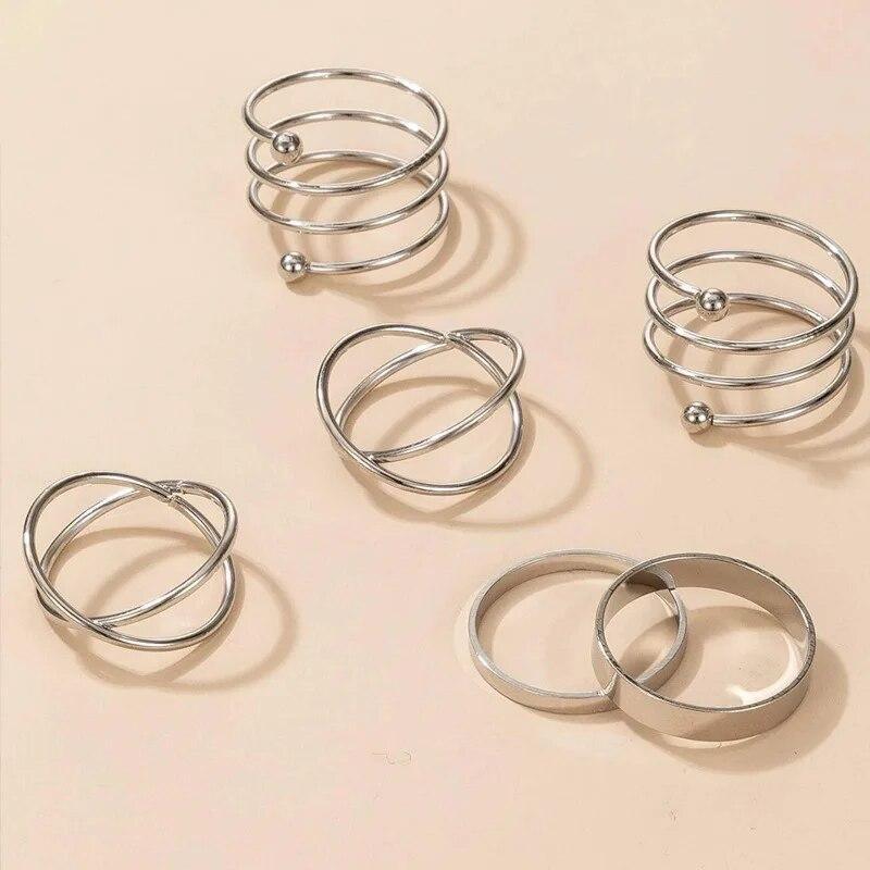 Silver Color Round Hollow Geometric Fashion Cross Twist Open Ring Set Joint (6Pcs) -  Store_name 