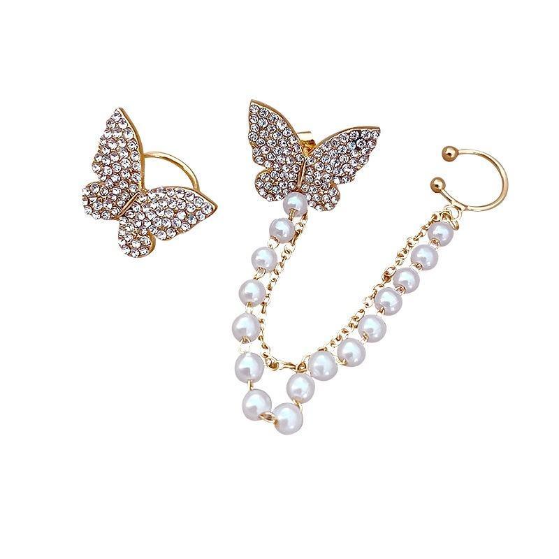 AVR JEWELS High sense of asymmetric butterfly pearl ear bone clip earrings all-in-one female super fairy tassel earrings -  Store_name 