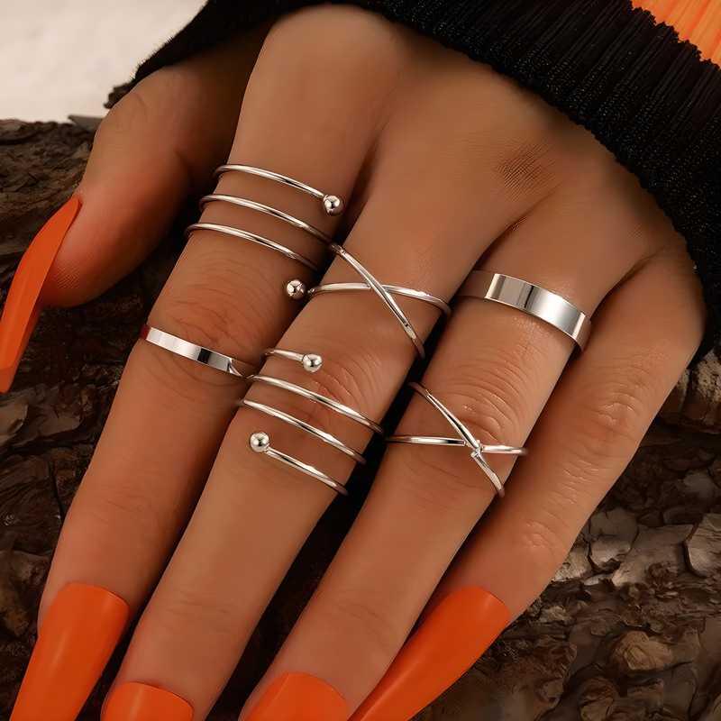 Silver Color Round Hollow Geometric Fashion Cross Twist Open Ring Set Joint (6Pcs) -  Store_name 