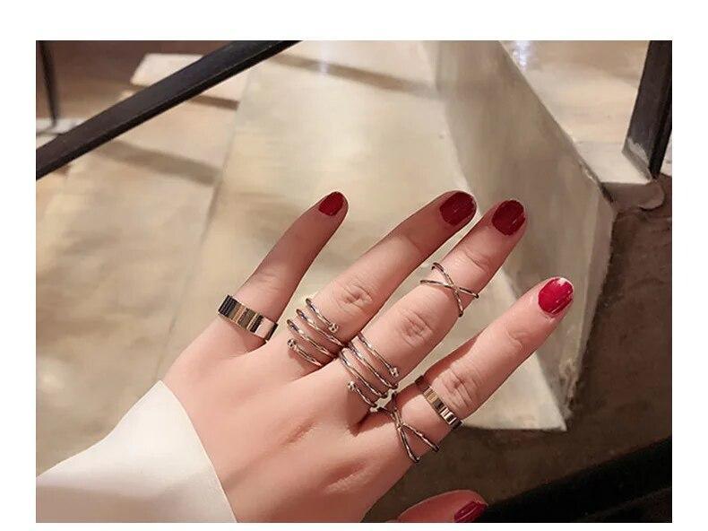 Silver Color Round Hollow Geometric Fashion Cross Twist Open Ring Set Joint (6Pcs) -  Store_name 