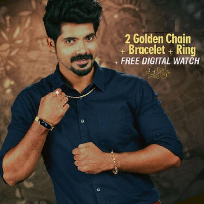 Golden Chain With Golden Bracelet And Diamond Ring + Free Digital Watch Combo -  Store_name 