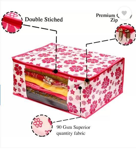 Polka Pink Flower Design Pack Of 3 Non Woven Fabric Saree Cover/ Clothes Small Travel Bag -  Store_name 