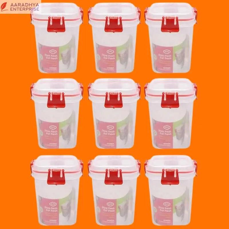 9 Pcs Set Unbreakable Jar Spoon Kitchen Plastic Container BPA-Free Stackable Air Tight Dabba Push Lock Space Saver Snacks Dal Atta Flour Cereals Pulses Spices 950ML Each (Red) -  Store_name 