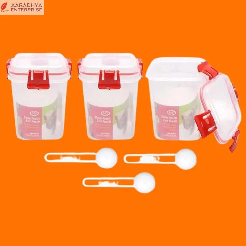 9 Pcs Set Unbreakable Jar Spoon Kitchen Plastic Container BPA-Free Stackable Air Tight Dabba Push Lock Space Saver Snacks Dal Atta Flour Cereals Pulses Spices 950ML Each (Red) -  Store_name 