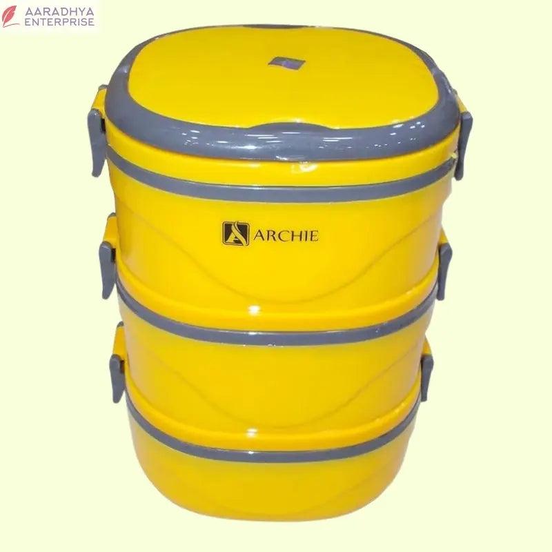 Hot Three Thermal Insulated Stainless Steel Lunch Box with Folding Handle (Square_Big_Yellow) -  Store_name 