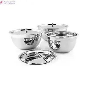 Stainless Steel Serving Bowl with Stainless Steel Lid, 3 Pieces, Silver (Tezon) -  Store_name 